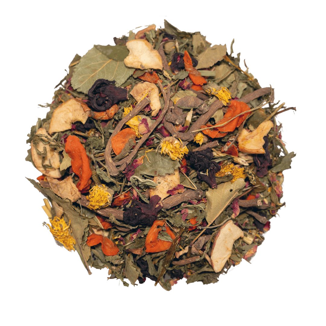 a superfood blend of dried leaves, fruit & veg, and flowers