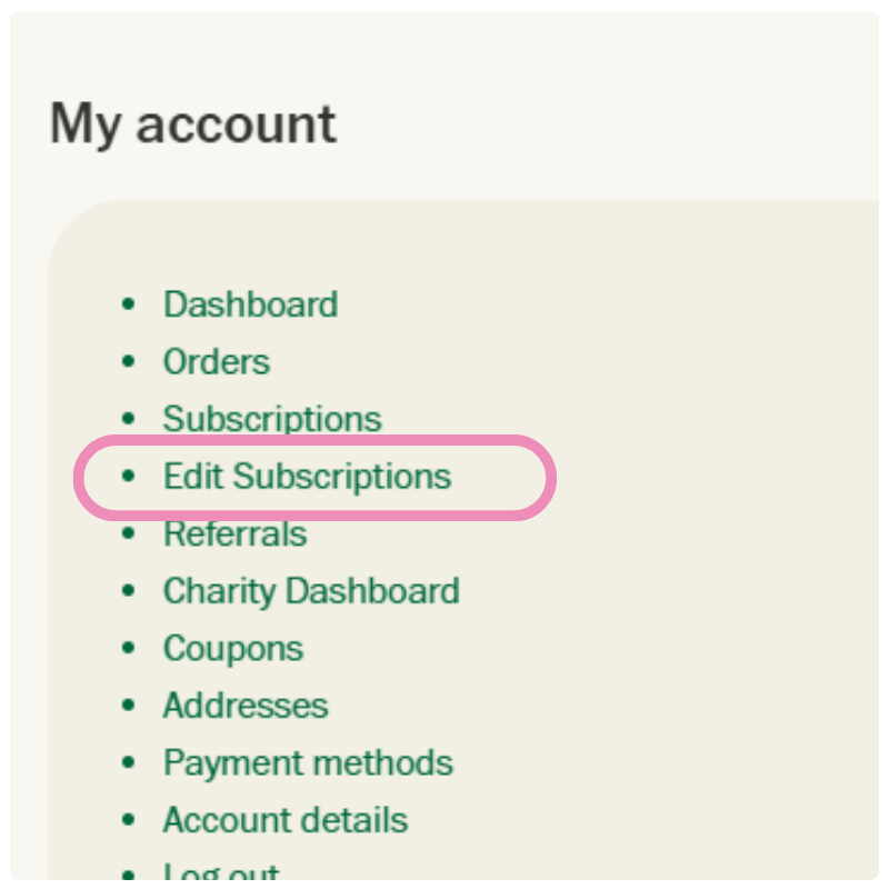 Section of My Account web page showing with Edit Subscriptions highlighted with pink circle