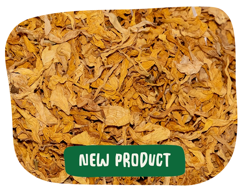 A close up of sunflower petals with caption New Product. Sunflower petals from The Hay Shed are a great small pet treat.