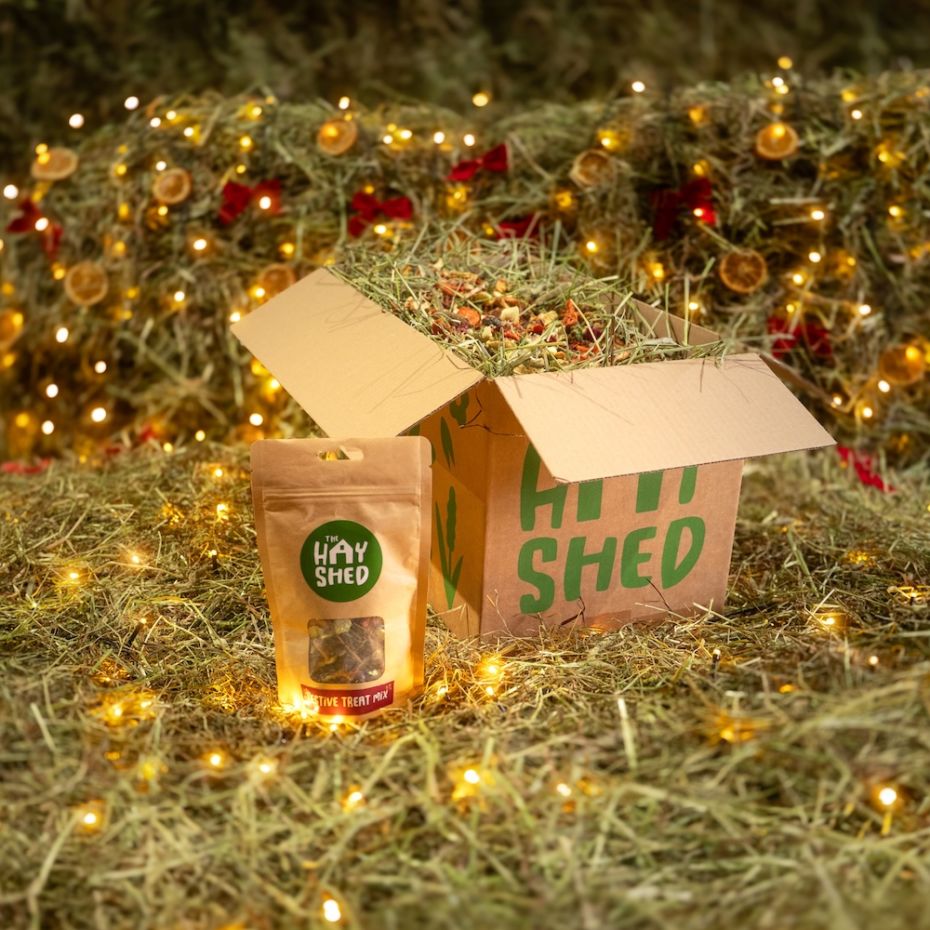 A bag of Festive Treat Mix, a box of hay with a delicious topper sitting on hay with a Christmas background at The Hay Shed